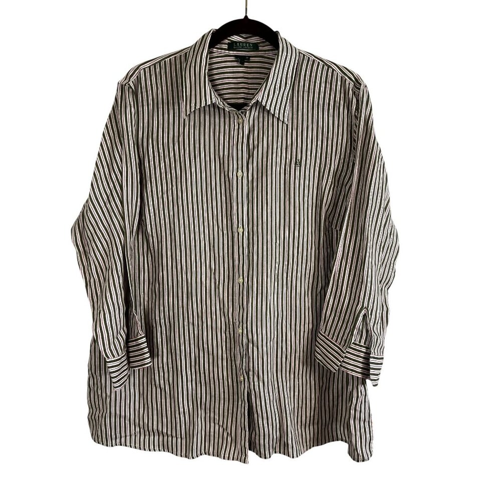 Ralph Lauren Linen Striped Shirt Green 2X Old Money Preppy Classic Neutral‎ Chic